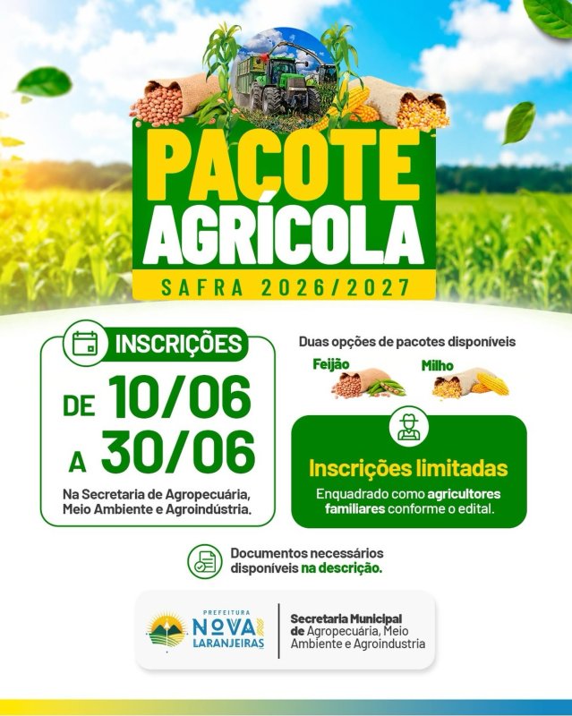 Abertas as inscrições para o Pacote Agrícola – Safra 2026/2027